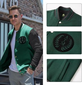 Veste universitaire américaine classique avec logo brodé, corps en mélange de laine, manches en cuir, vêtement d'extérieur décontracté - Product Image 2