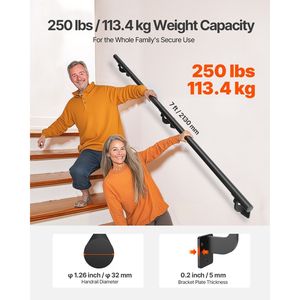 Corrimano per Scale in Alluminio Zincato Nero da 2,13 m Montato a Parete, Diametro Tubo 3,2 cm per Uso Interno ed Esterno - Product Image 3