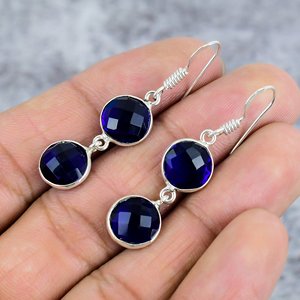 925 <b>Sterling</b> <b>Silver</b> Blue Sapphire Gemstone Women's Earrings <b>Silver</b> Hook Trendy Engagement Gift Everyday Wear Party - Product Image 2