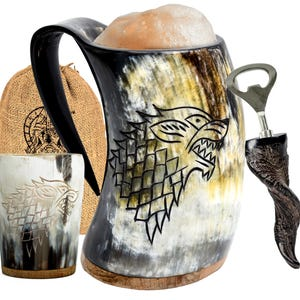 Coupe à boire en corne viking avec enveloppe en cuir et chaîne. Coupe en corne viking faite à la main pour l'ale ou le whisky. Corne à boire viking. - Product Image 6