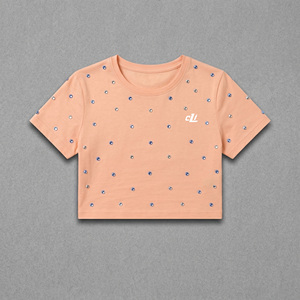 T-shirt court décontracté pour femme à coupe classique, orné de strass, à manches courtes, col rond, collection Printemps-Été, style boutique personnalisé - Product Image 5