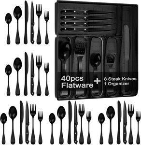 Juego de cubiertos moderno de acero inoxidable negro mate con tenedores, cuchillos y cucharas, juego de metal ecológico perfecto para la mesa de comedor. - Product Image 2