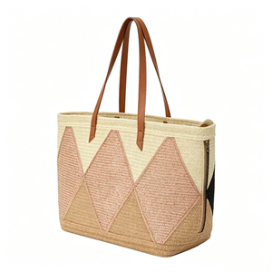 Customized Diamond patchwork woven tote <b>bag</b>, neutral‑pink geometric straw shopper,multi‑tone woven <b>basket</b> tote with faux‑leather - Product Image 6