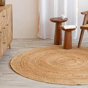 Tapis rond en jute bicolore multifonctionnel, durable, fait main, en fibres naturelles, pour salon, salle à manger ou coin détente. - Product Image 5
