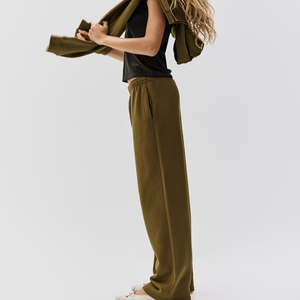 Women's Solid Color Knitted Straight Leg Ankle-Length Pants <b>Elastic</b> <b>Waist</b> Casual Loose Fit Autumn Wear - Product Image 4