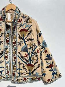 Velvet Suzani Embroidered Cotton Jacket Handmade <b>Stand</b> Collar Boho Winter Kimono Artisan Ethnic Outerwear - Product Image 4