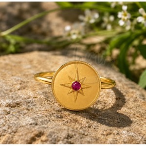 Vintage Starburst Ruby Quartz Gold Plated <b>Statement</b> <b>Ring</b> for Women Celestial Disc <b>Ring</b> Handmade Adjustable Jewelry Gift - Product Image 3