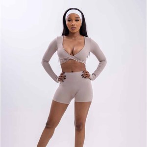 Custom Women's Clothing 2 Pieces <b>Set</b> Women Cross V-Neck Long Sleeve <b>Crop</b> <b>Top</b> Biker Shorts Women's <b>Sets</b> Wholesale Factory - Product Image 5