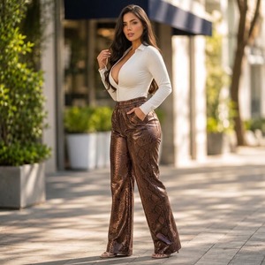 Handmade Python Print Leather Pants, Luxury Snakeskin Wide Leg <b>Trousers</b>, Women Leather <b>Trousers</b> Stylish Outerwear - Product Image 1