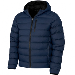 Manteau d'hiver à capuche bleu marine pour homme, coupe ample, fermeture éclair décontractée, couleur unie, léger, en polyester doux - Product Image 1