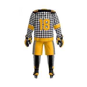Ensemble uniforme de hockey sur glace pour hommes, rayures horizontales bleues, brunes et blanches, sublimation, maillot, short, gants, nom et numéro personnalisés, OEM - Product Image 6