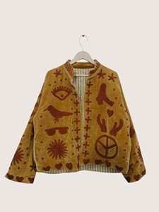 Manteau Bohème en Velours Brodé Col Montant Manches Longues Grande Taille Automne Décontracté Motif Géométrique Fermeture Éclair - Product Image 3