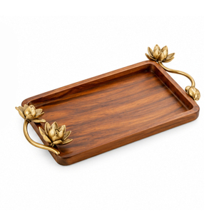 Plateau de service de luxe en bois de noyer artisanal avec poignées en laiton motif fleur de cerisier, plateau décoratif botanique pour salon - Product Image 3