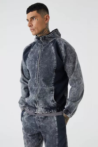 Men's Stonewashed Denim Hooded <b>Zip</b>-<b>Up</b> <b>Jacket</b> Raglan Sleeve Oversized Casual Breathable Autumn Wear - Product Image 5