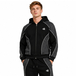 Sudadera con capucha oversize de corte regular con paneles en contraste y cremallera, pantalones de chándal de algodón de felpa de pierna recta personalizados, ropa deportiva casual Y2K - Product Image 2