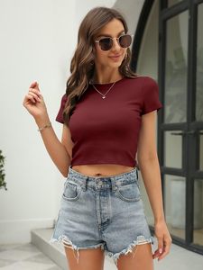 Women's <b>Maroon</b> Ribbed Crop <b>Top</b> Short Sleeve O-Neck Slim Fit Casual Spring Summer Knitted T-Shirt - Product Image 4