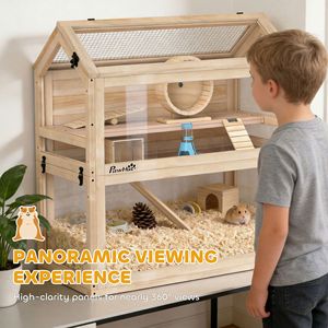 Gabbia per Criceti a 3 Piani in Legno con Casetta, Dondolo, Rampe, Ruota per Esercizi, Pannello in Acrilico e Vassoio Inferiore - Per Razze Medie e Grandi - Product Image 6