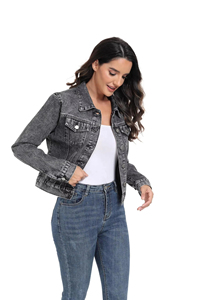 Women's Denim <b>Jacket</b> Long Sleeve Turn-down Collar Button Closure <b>Trucker</b> Style Autumn Solid Color Cotton Washed Short Length - Product Image 2