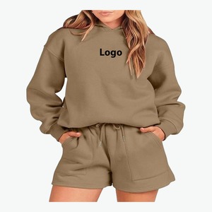 Ensemble 2 pièces pour femme en coton 100% de haute qualité, sweat à capuche et short, couleur unie, molletonné, décontracté, longueur au-dessus du genou, pour le printemps et l'été - Product Image 1
