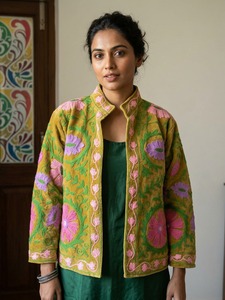 <b>Women</b> <b>Mustard</b> Velvet Suzani Bomber Jacket Handmade Floral Embroidery Eco-Friendly Thick Autumn Cotton Lining Stand <b>Coat</b> for Mum - Product Image 3