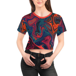 Camiseta Corta para Mujer, Manga Corta, Estampado Abstracto, Cuello Redondo, Tejida, Informal, Personalizable, para Todas las Temporadas - Product Image 1