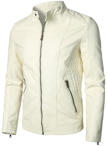 Chaqueta de Motociclista para Hombre con Bloques de Color, Cierre Completo, Resistente al Viento, Chaqueta de Cuero PU Blanca para Hombre, Cierre Completo, Cuello Alto, Estilo Motociclista - Product Image 3