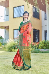Orange And Green Silk Saree With Zari Border For Wedding And Festival Wear Women Traditional Indian Ethnic Dress - Product Image 2