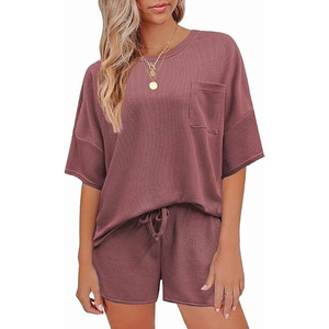 Conjunto de Verano para Mujer, Camiseta Holgada y Pantalones Cortos de Punto Waffle, Venta al Por Mayor - Product Image 1