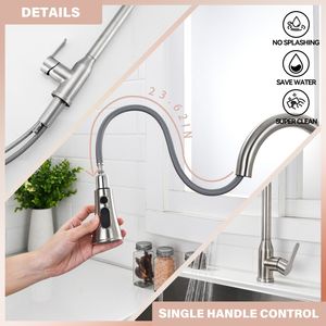 Rubinetto da Cucina ad Arco Alto Monocomando in Acciaio Inossidabile Nichel Spazzolato con Doccetta Estraibile - Product Image 5