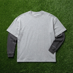 Men's T Shirt Gray Layered Long Sleeve Crew Neck Oversized Fit Short Sleeve Casual Streetwear <b>Tshirt</b> Clothes - Product Image 5