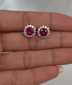 Pendientes de Oro de 14K con Halo de Rubí de 0.52 Ct y Diamantes Cultivados en Laboratorio, Certificados por IGI, para Mujer, Elegantes, para Fiesta, Regalo de Joyería Fina - Product Image 3