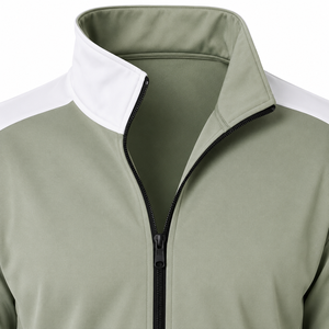 Men's Olive <b>Green</b> Sporty Racer Jacket With White Color Blocking Stand Collar Zipper Closure Quick Dry Polyester Material - Product Image 3