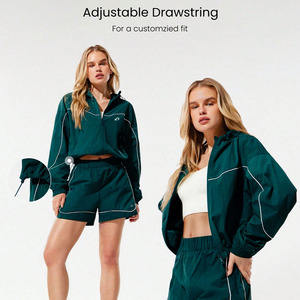 Customize Women's Windbreaker Shorts Lightweight Reflective Piping Windbreaker Tracksuit Adjustable Drawstring <b>Polyester</b> <b>Hoodies</b> - Product Image 1