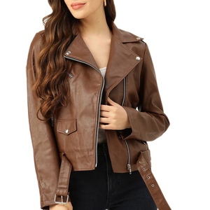 REBA SPORTS IMPEX Brown Genuine Leather Breathable Stand Collar Bomber Jacket Women Zip Pocket Cuffs Ribbed Hem Custom Logo - Product Image 1
