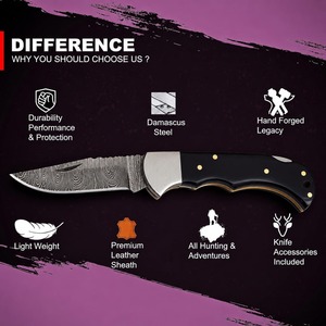 Cuchillo Plegable Artesanal de Damasco para Exteriores, Camping y Supervivencia, con Mango de Madera y Funda de Cuero, Logotipo Personalizado OEM/ODM - Product Image 5