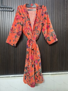 Orange Bird Print Velvet <b>Kimono</b> <b>Long</b> Sleeve Full Length Women's Robe Casual Soft Drawstring Closure - Product Image 1