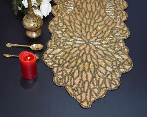 Glam Fabric <b>Table</b> <b>Runner</b> Irregular Shape <b>Gold</b> Beaded Edge Non-Slip Design Decorative Mat - Product Image 1