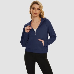 Women's Navy <b>Blue</b> Full Zip Hooded Sweatshirt Regular Fit Knitted Polyester Breathable Solid Color Autumn Wear - Product Image 5