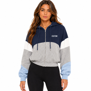 Women's <b>Cropped</b> Color Block <b>Zip</b> <b>Up</b> Hoodies Custom Logo Heavyweight Fleece Drop Shoulder Pullover Casual OEM Streetwear Factory - Product Image 1