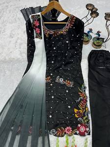 <b>Women</b> Black Silk Floral Embroidered Pearl <b>Kurta</b> Palazzo Set with Gradient Dupatta Indian Salwar Suit - Product Image 2