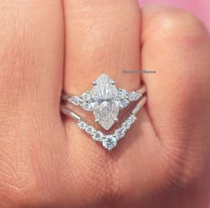 Marquise Moissanite Engagement Ring Set White 925 Sterling Silver Marquise Cut <b>Stone</b> White Diamond Cz Adjustable Classic Bridal - Product Image 6
