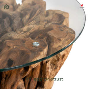 Table basse ronde en racine de teck massif artisanale avec plateau en verre trempé, style rustique, pour salon, hôtel, villa, resort - Product Image 4