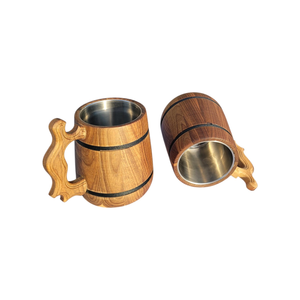 Chope à bière en bois de qualité supérieure avec gobelet intérieur en acier |   Chope à bière rustique en bois faite à la main avec poignée - Product Image 5