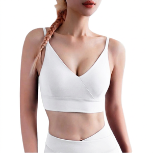 Soutien-gorge de sport sans couture à bretelles et décolleté en V profond pour femme, maintien moyen, couleur unie violet - Product Image 2