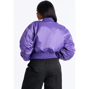 Blouson bomber court tendance pour femme, fabriqué en usine, séchage rapide, avec doublure en laine et col montant, en toile douce - Product Image 3
