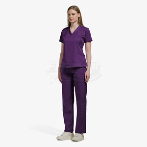 Conjunto de uniforme médico para mujer, color morado, con blusa de cuello en V y pantalones de poliéster tejido, para personal sanitario. - Product Image 3