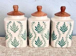 Handpainted Ceramic Canister Set Wooden Lid Botanical Leaf Airtight <b>Storage</b> <b>Jars</b> Farmhouse <b>Kitchen</b> Organizer Artisan Collection - Product Image 3