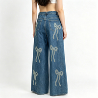 Pantalon en jean ample taille mi-haute pour femme, style Y2K, avec nœud en strass personnalisé, respirant, écologique, coupe ample et scintillante
