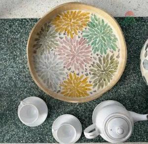 Round Wooden Serving <b>Tray</b> With Floral Design Bohemian Style Painted Eco Friendly Decorative Tableware - Product Image 2