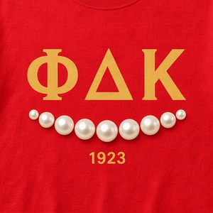 Camiseta Corta Roja PDK para Mujer, Logotipo Griego Bordado en Dorado, Detalle de Perlas 1923, Cuello Redondo, Manga Corta, Estilo Casual - Product Image 3